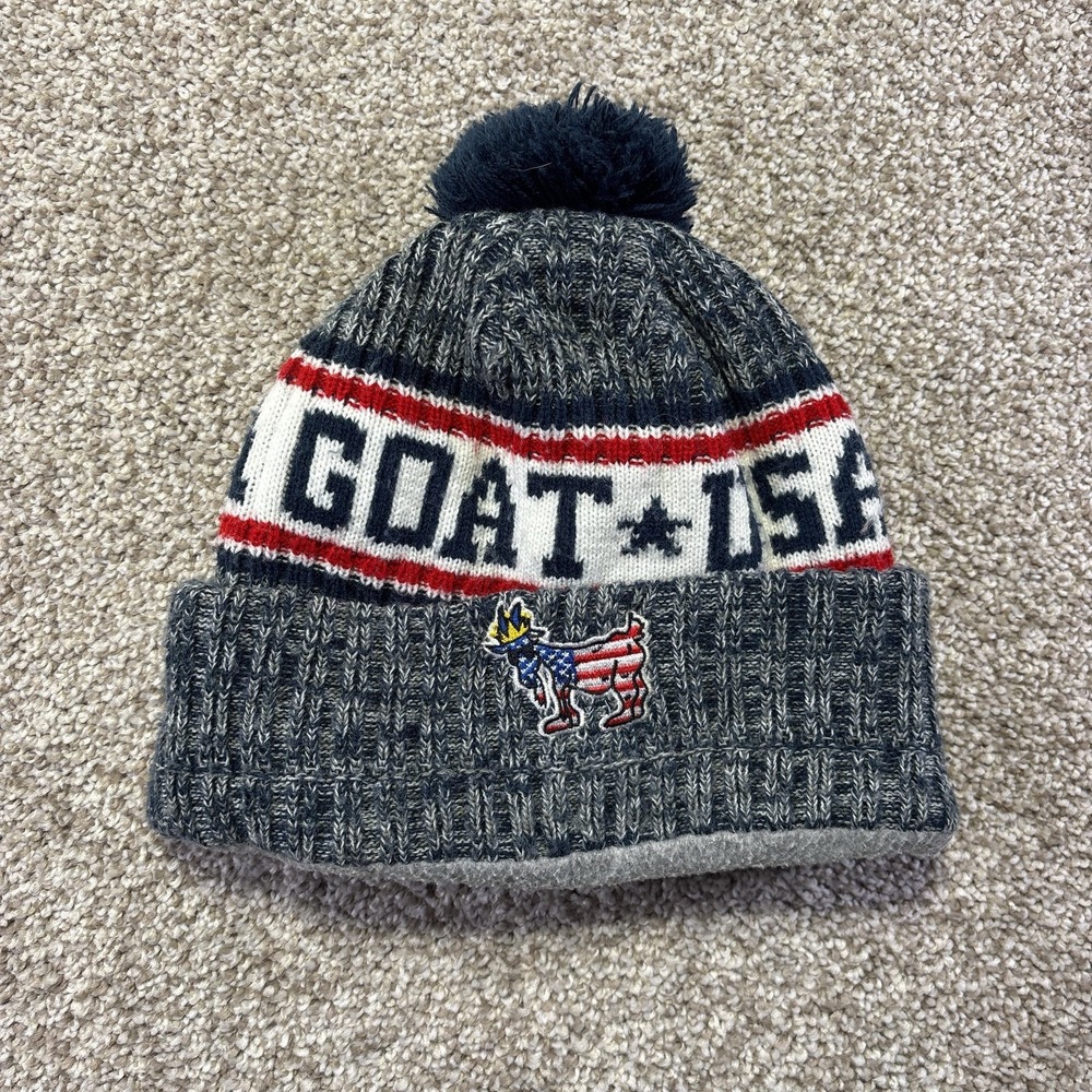 GOAT USA Beanie Mens One Size Gray Knit Pom Fleece Lined Patriotic Winter Hat